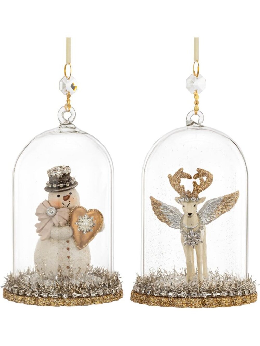 Glittered Gemstone Hanging Christmas Tree Cloche Ornaments Set of 2 - Vintage
